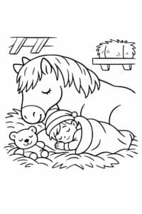 tegning af hest og barn sover i stalden – cozy illustration