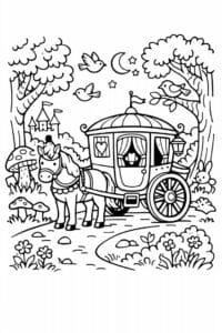 tegning af hestevogn i en eventyrskov – vintage fairytale