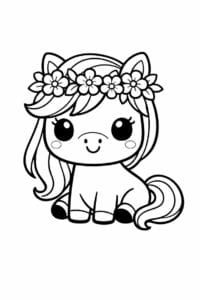 tegning af pony med blomsterkrans på hovedet – kawaii