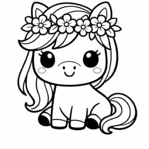 tegning af pony med blomsterkrans på hovedet - kawaii