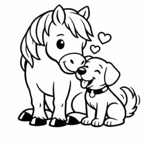 tegning af hest og hund som bedste venner - heartwarming cartoon