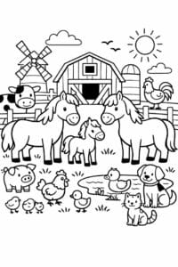 tegning af bondegård med heste og dyr – farm illustration