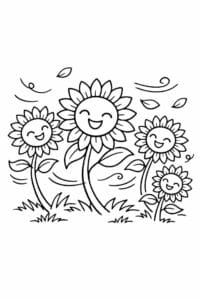 tegning af solsikker der danser i vinden – cartoon line