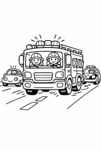 tegning af brandbil på vej til opgave – cartoon line