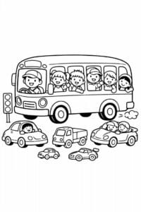 tegning af bus fyldt med glade børn – clean lines