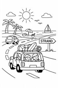 tegning af bil på vej til stranden – summer coloring