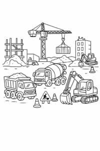 tegning af byggeplads med køretøjer – construction line