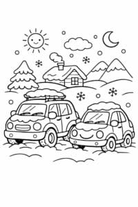 tegning af vinterbil i sneen – cozy outline