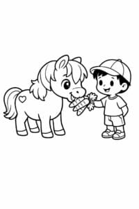 tegning af dreng fodrer en pony med gulerødder – cute cartoon