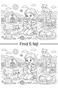 Find 5 fejl opgave af en pige med katte og killinger i haven