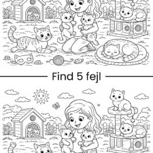 Find 5 fejl opgave af en pige med katte og killinger i haven