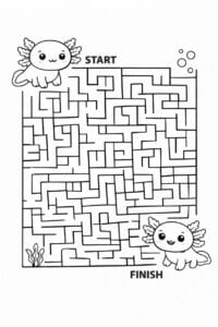 Labyrint opgave med axolotler tegning