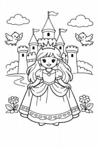 tegning af prinsesse i eventyrslot – storybook style