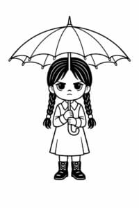 tegning af Wednesday med paraply – storybook gothic