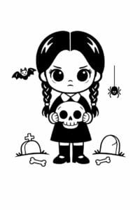 tegning af Wednesday med kranium – spooky cute