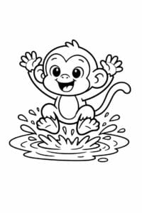 tegning af abe hopper i vandpyt – cute cartoon