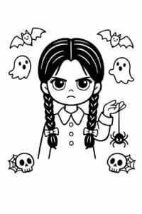 tegning af Wednesday med edderkop – playful spooky