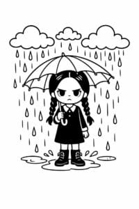 tegning af Wednesday med regn og skyer – moody cartoon