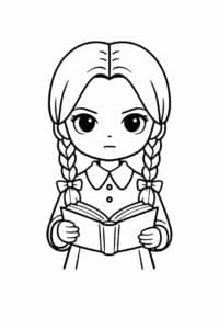 tegning af Wednesday med bog i hånden – gentle gothic
