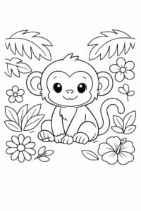tegning af abe i junglen med blomster – soft pastel