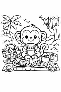 tegning af abe på picnic i junglen – cute cartoon