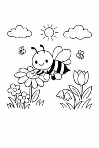 tegning af bi samler pollen i en have – soft pastel