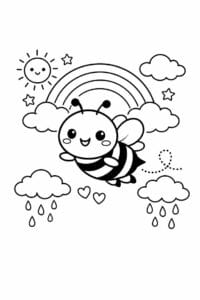 tegning af bi flyver i regnbuehimmel – fantasy cartoon
