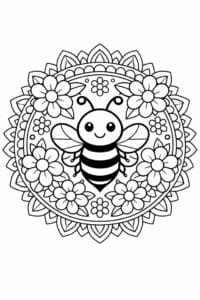 tegning af bi og blomster i mandala – mandala coloring