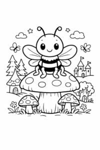 tegning af bi på svamp i eventyrskov – storybook fantasy