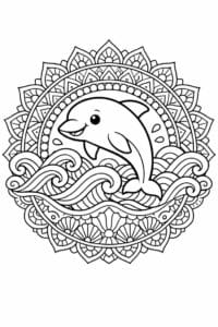 tegning af delfin og havbølger i mandala – mandala coloring