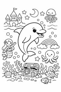 tegning af delfin i magisk undervandsverden – fantasy illustration
