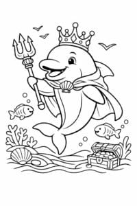 tegning af delfin med krone som havets konge – fairy tale
