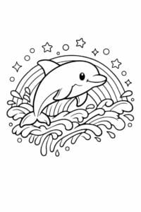 tegning af delfin svømmer gennem regnbuevand – whimsical fantasy