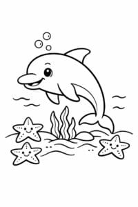 tegning af delfin og søstjerner på havbund – storybook style