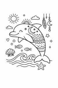 tegning af delfin i boho havstil – boho illustration