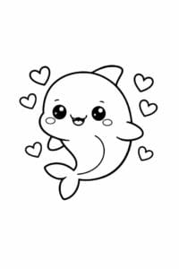 tegning af delfin med hjerter omkring sig – cute kawaii