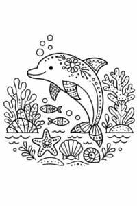tegning af delfin og koraller i folk art – folk art