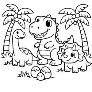 tegning af dinosaur og palmer - tropical cartoon