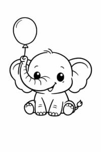 tegning af elefant med ballon i snablen – cute cartoon