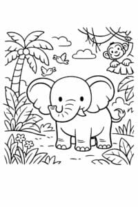 tegning af elefant i junglen – storybook style