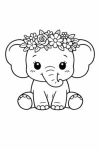 tegning af elefant med blomsterkrans – cottagecore