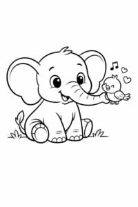 tegning af elefant og fugl bliver venner – friendly cartoon
