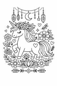 tegning af enhjørning i boho blomsterstil – boho illustration