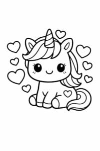 tegning af enhjørning med hjerter omkring sig – cute kawaii