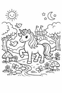 tegning af enhjørning i eventyrskov – storybook style