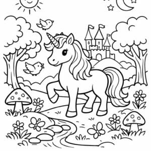 tegning af enhjørning i eventyrskov - storybook style