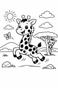 tegning af giraf leger på savannen – playful cartoon