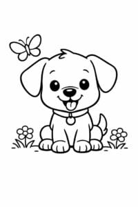 tegning af hund og sommerfugl – gentle cartoon