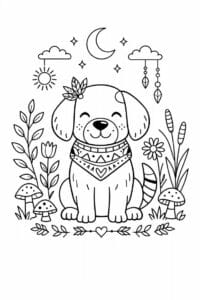tegning af hund i boho naturstil – boho illustration