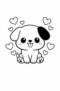 tegning af hund med hjerter omkring sig – cute kawaii